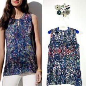 CABI 3093 Stained Glass Blouse Blue Sleeveless Tank Top Keyhole Small Colorful